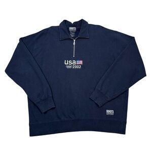 VTG Roots 2002 USA Olympic Navy Blue Quarter Zip Sweater Sweatshirt Men's XL/TG